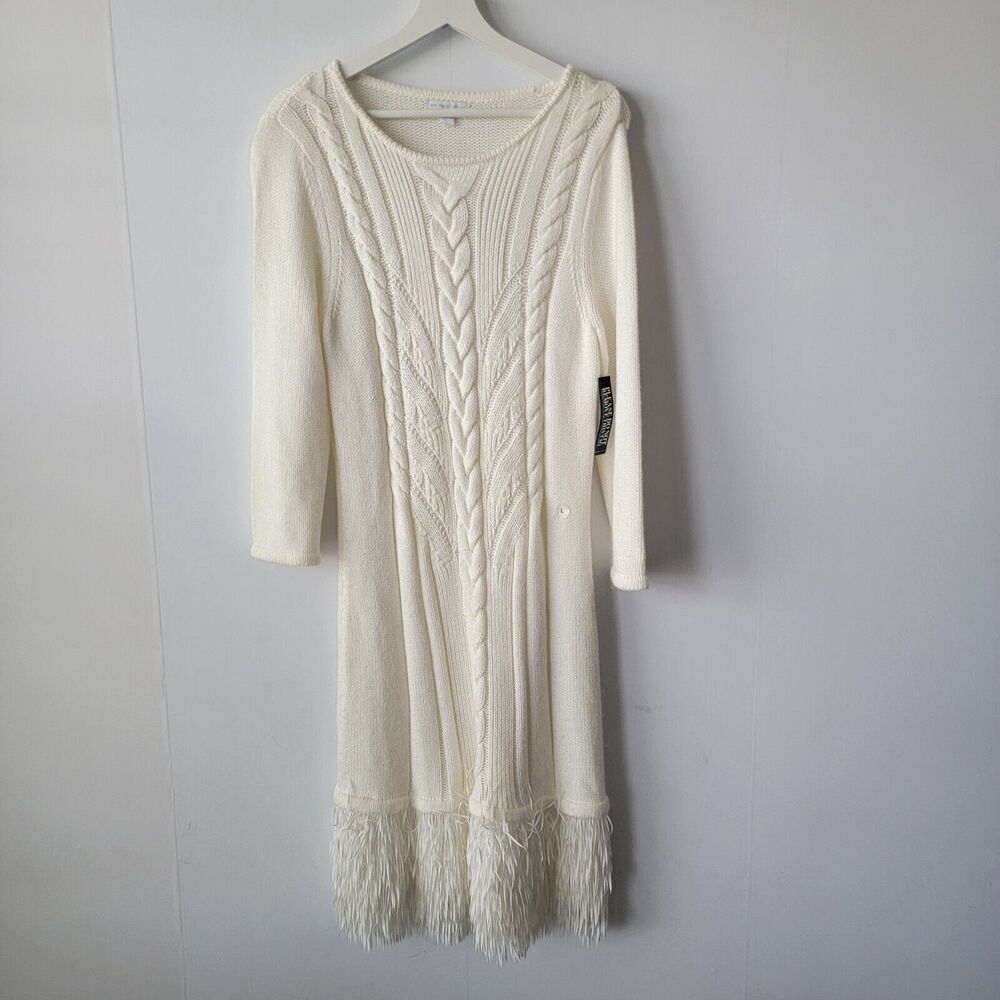 New York & Company Fringe Hem Ivory Midi Chunky Knit Sweater Dress size L